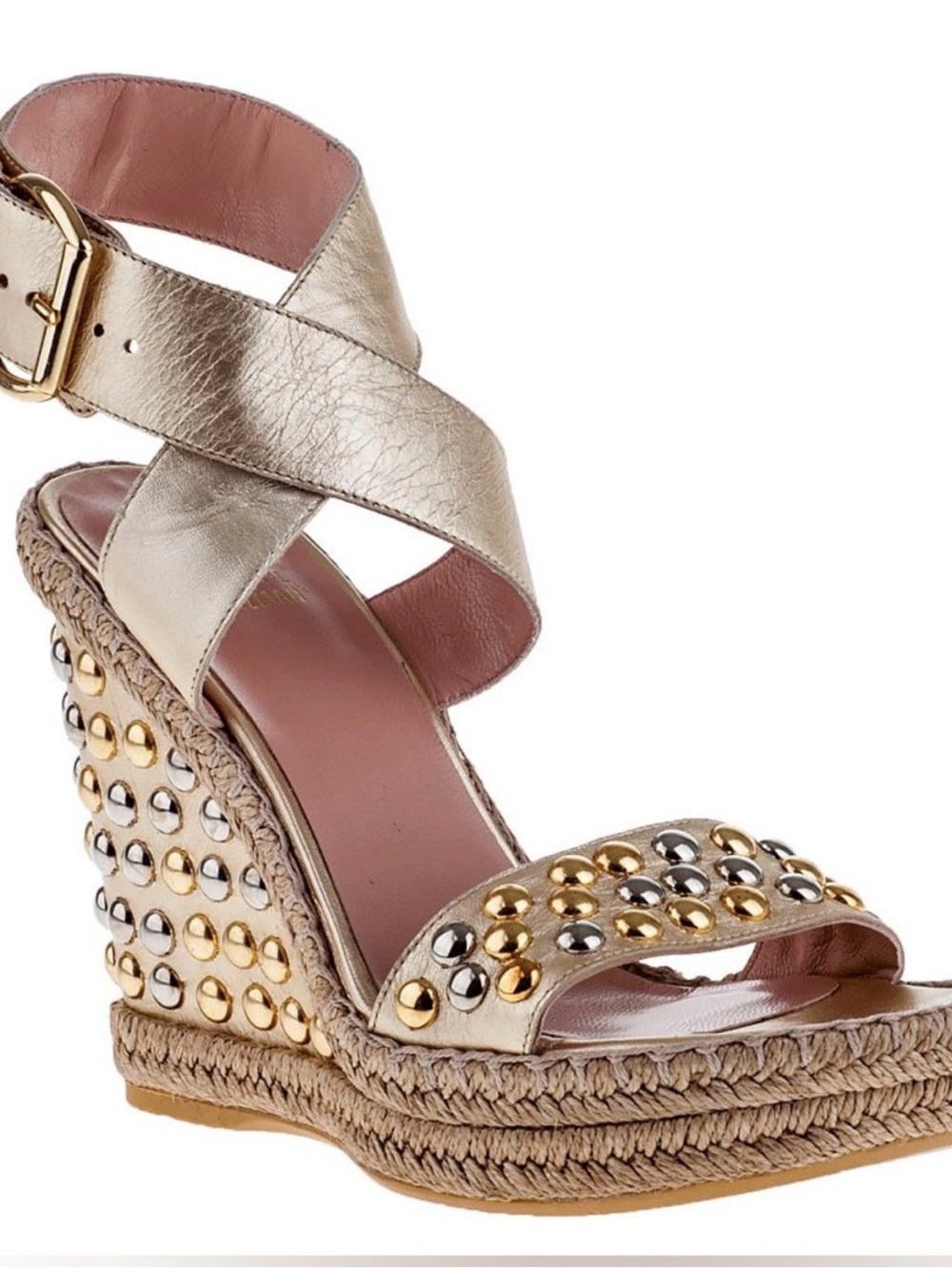 Stuart Weitzman Metallic Gold Studded Espadrille Wedges size 8.5